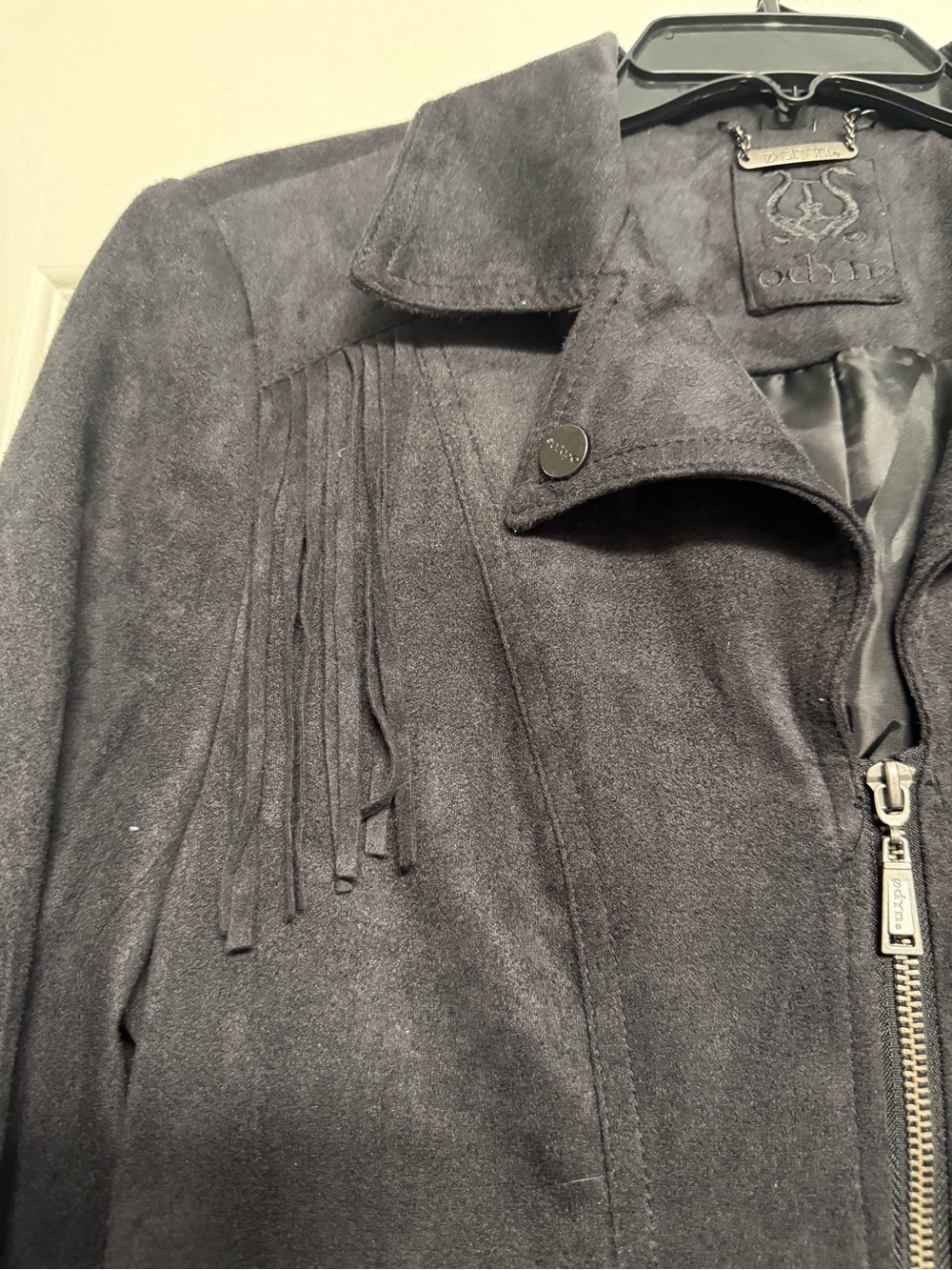 Odyn Black Faux Suede Fringe Moto Jacket Western Boho Size Small - Picture 6 of 9